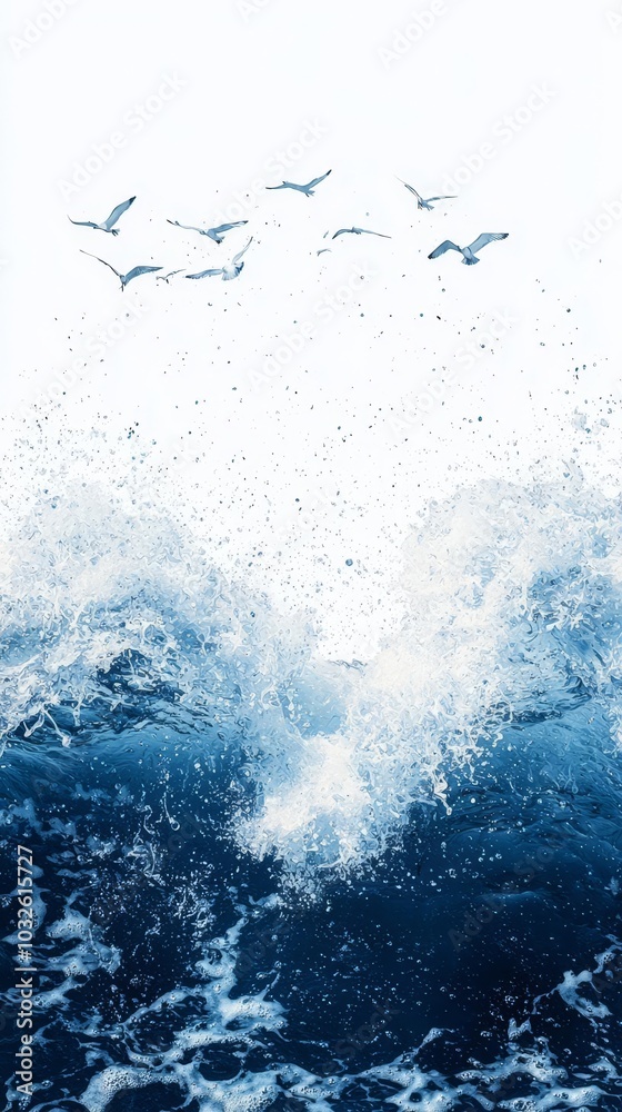 Waves crashing against each other, with birds flying above. Waves crashing against each other, with birds flying above.