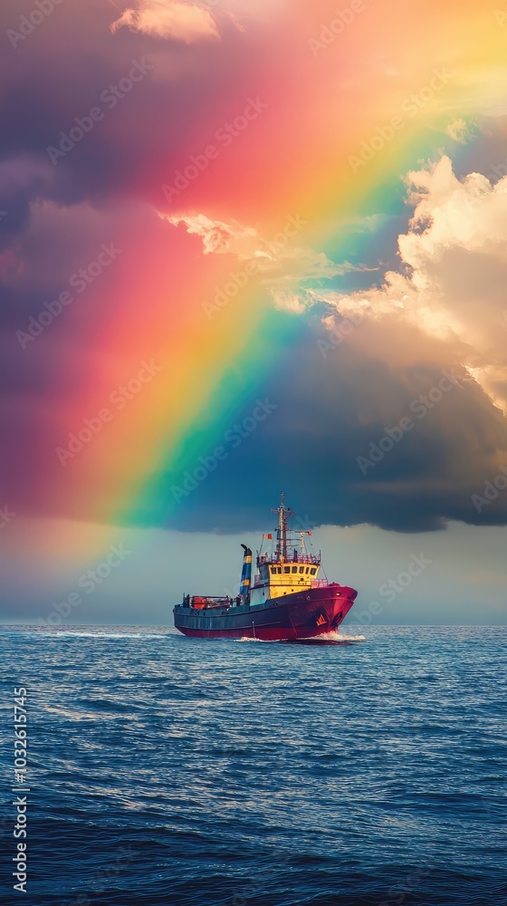 Colorful Ship Sailing Under a Rainbow Colorful Ship Sailing Under a Rainbow