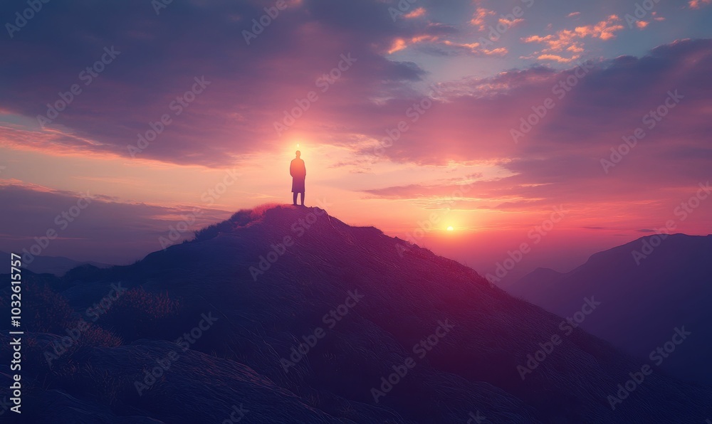 Silhouette of a person on a mountaintop at sunset. Silhouette of a person on a mountaintop at sunset.