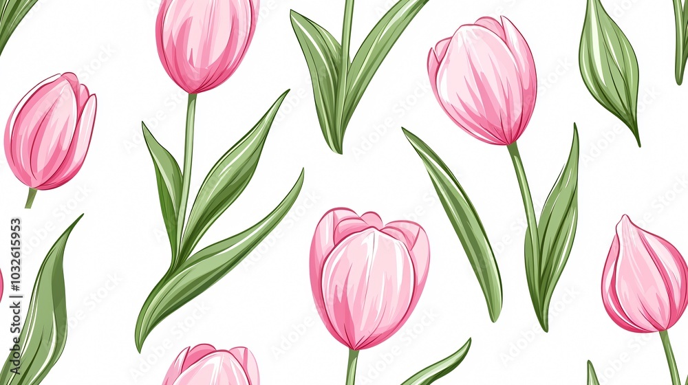 Charming Pink Tulip Pattern: Elegant Floral Illustration for Botanical Decor Charming Pink Tulip Pattern: Elegant Floral Illustration for Botanical Decor