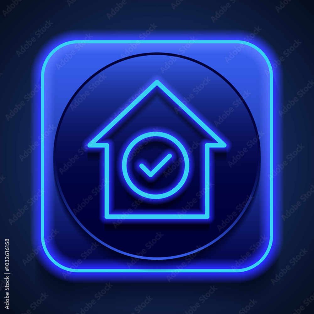 Confirm, agree, house simple icon. Flat desing. Blue neon style on button. With shadow Confirm, agree, house simple icon. Flat desing. Blue neon style on button. With shadow