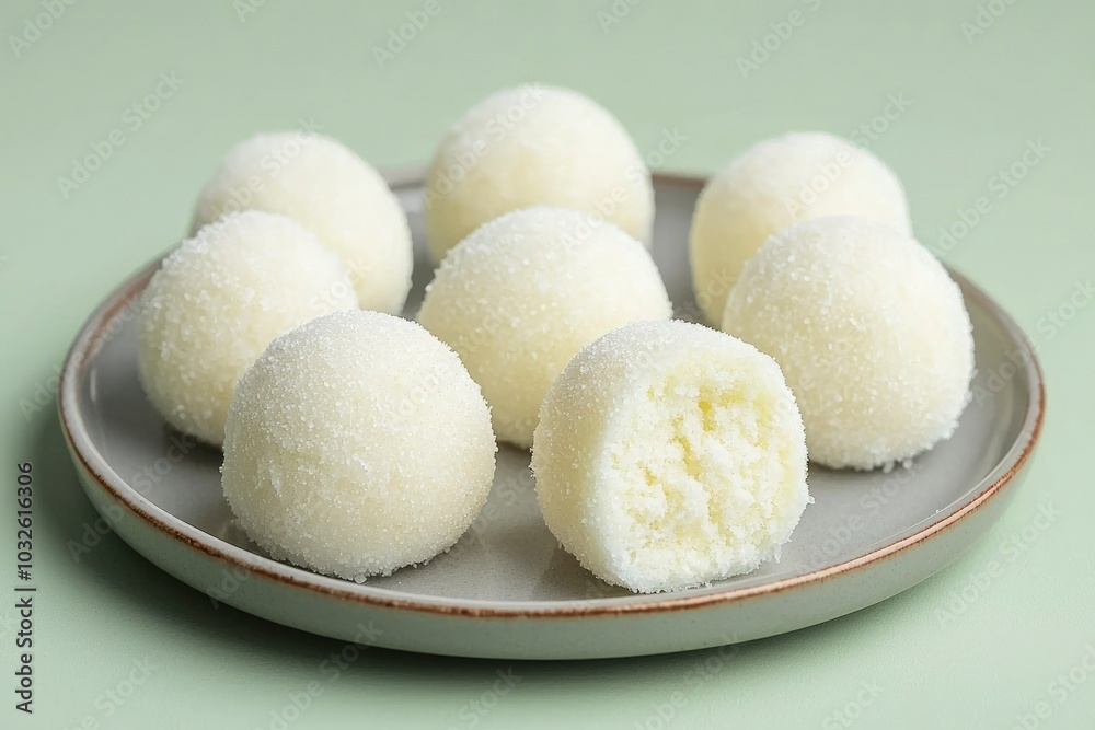 White Coconut Balls on a Gray Plate with a Green Background White Coconut Balls on a Gray Plate with a Green Background