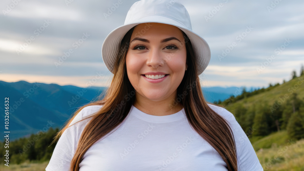 Plus size woman wearing white t-shirt and white bucket hat standing on a mountain