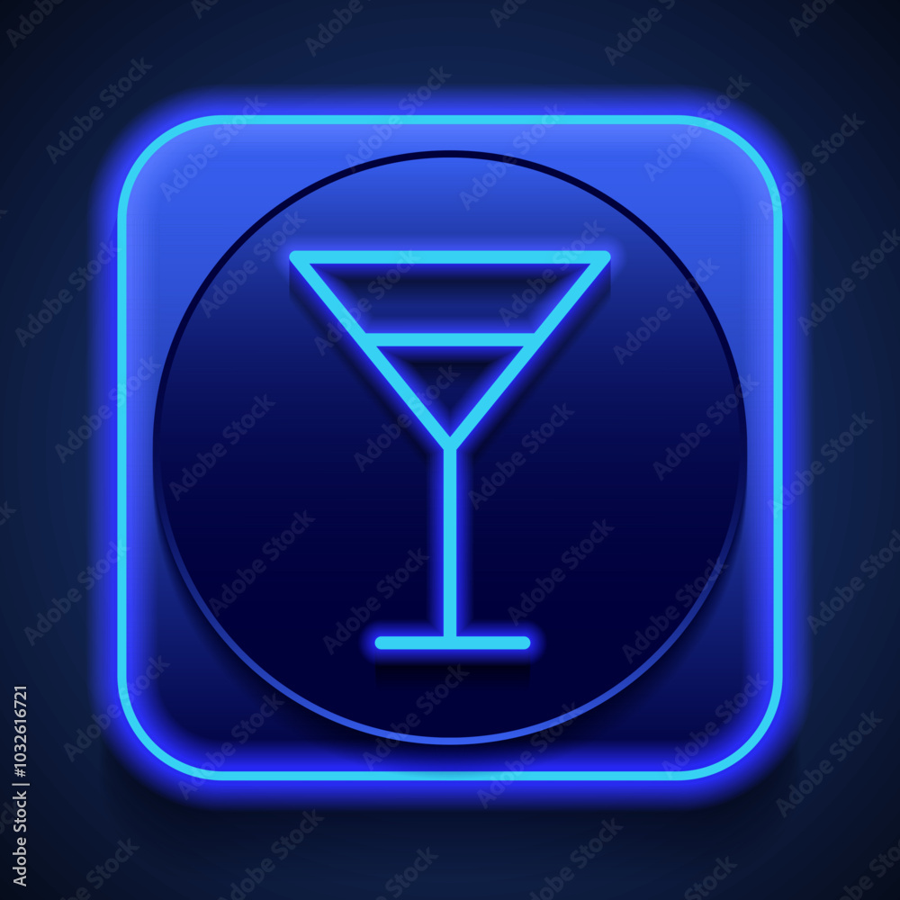Cocktail glass simple icon vector. Flat design. Blue neon style on button. With shadow Cocktail glass simple icon vector. Flat design. Blue neon style on button. With shadow