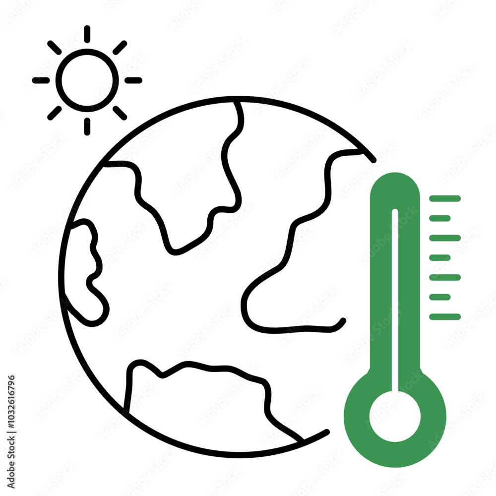 Vector icon of Global Warming. This icon depicts a globe with a thermometer, symbolizing climate change awareness in a minimalist style. Vector icon of Global Warming. This icon depicts a globe with a thermometer, symbolizing climate change awareness in a minimalist style.