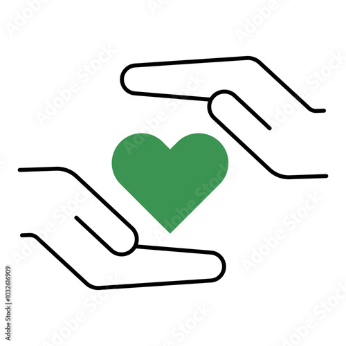 Vector icon of Made with Love hands with a green heart. A simple line drawing of two hands holding a green heart, representing products made with love and care.
