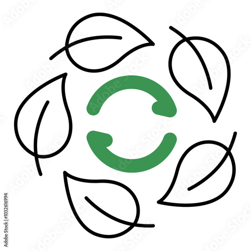 Biodegradable vector icon.  recycling symbol with green arrows. A line drawing of recycling arrows and leaves, representing biodegradable materials and eco-friendly solutions.
