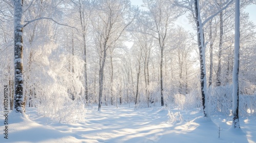 A serene snow-covered forest glistens under the bright winter sky, creating a tranquil and peaceful landscape