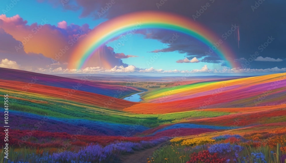 Obraz premium A stunning rainbow landscape stretching across the horizon, embodying hope and diversity in nature, Generative AI