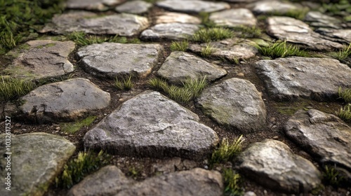 Intricate rough stone path showcasing natural hues and vibrant greenery in a tranquil outdoor setting