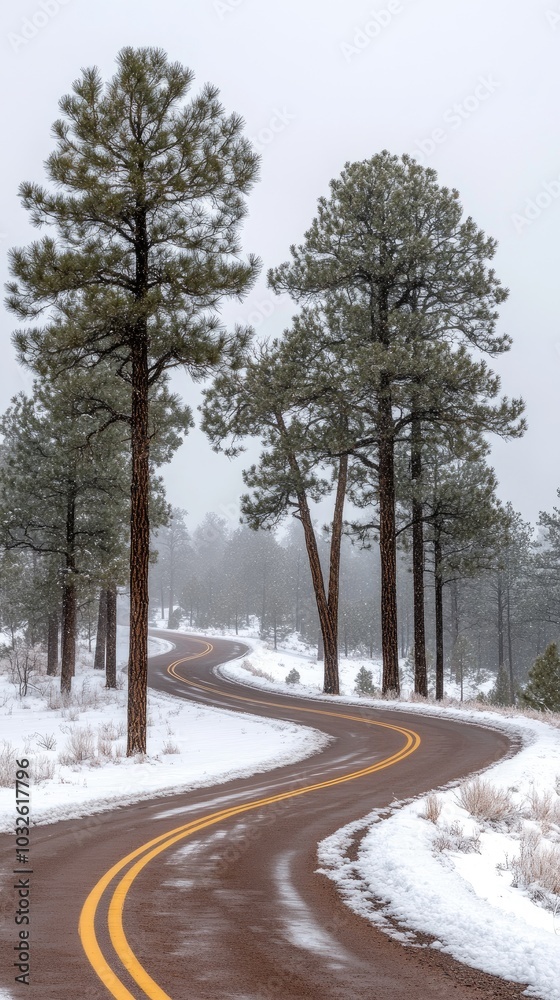 A winding winter road through a serene, fog-covered forest adorned with soft tones and a charming yellow line A winding winter road through a serene, fog-covered forest adorned with soft tones and a charming yellow line