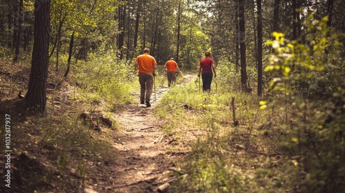 Volunteers improving hiking trails by clearing paths on a sunny day in a wooded area photo