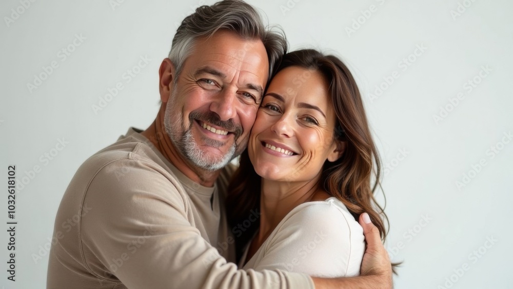 Happy smiling romantic middle aged couple, man and woman hugging while looking at camera on white background. Free space for text Happy smiling romantic middle aged couple, man and woman hugging while looking at camera on white background. Free space for text