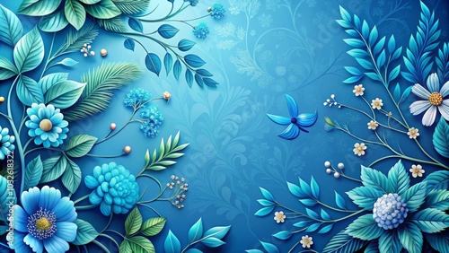 Blue Floral Pattern with Leaves and Blooms on White