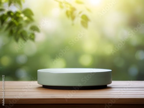 ceramic podium for displaying products with blurred green leaves background