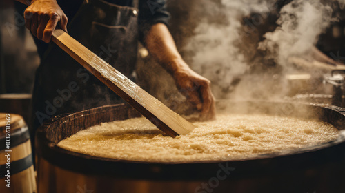 A close-up of the brewer's hands gently stirring the rice mash with a long wooden paddle, the rising steam creating a warm, hazy atmosphere inside the brewery.