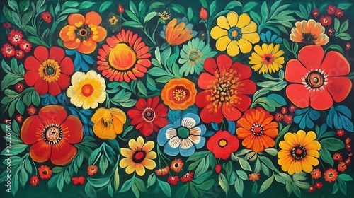 Bright Petrykivka painting featuring vibrant floral designs with rich colors showcasing traditional Ukrainian art