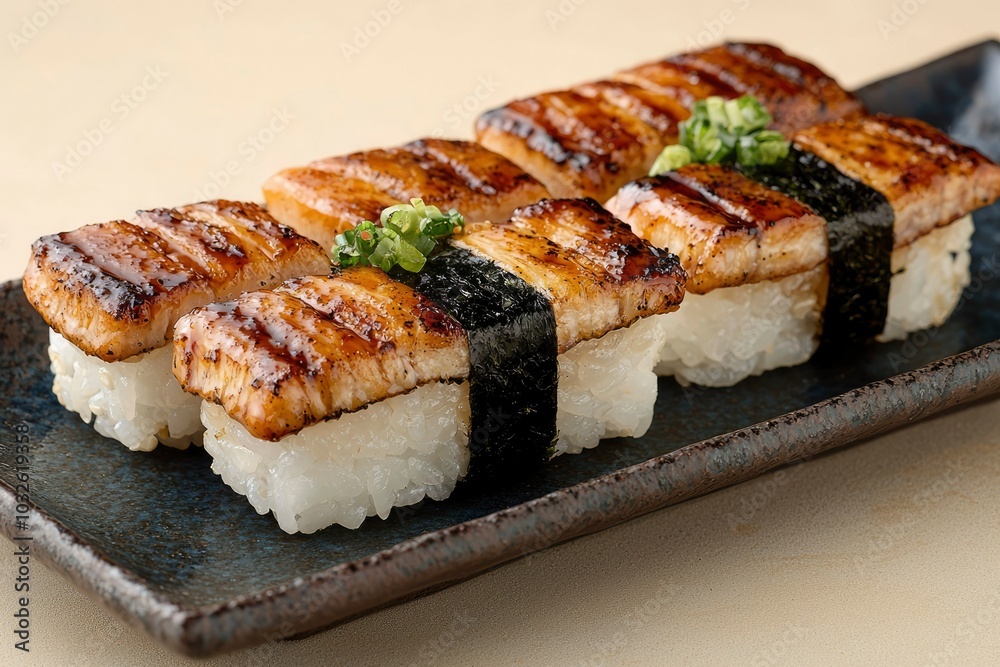 Grilled Eel Nigiri Sushi on a Black Plate Grilled Eel Nigiri Sushi on a Black Plate