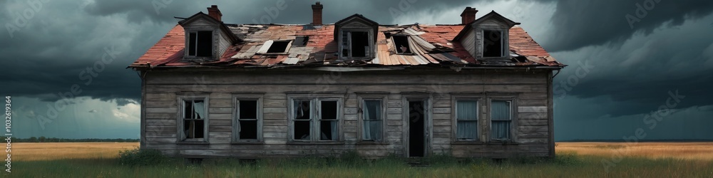 An unsettling depiction of an abandoned house with broken windows, surrounded by darkened skies, representing the haunting atmosphere of an evil day, Generative AI An unsettling depiction of an abandoned house with broken windows, surrounded by darkened skies, representing the haunting atmosphere of an evil day, Generative AI