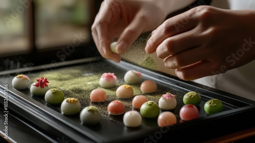 A close-up of the artisan's hands dusting a tray of wagashi with fine matcha powder, each sweet a tiny work of art with seasonal flowers and fruits intricately carved into them.