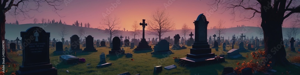 A graveyard scene bathed in twilight, where the flickering shadows of tombstones evoke the sinister energy of an evil day, Generative AI A graveyard scene bathed in twilight, where the flickering shadows of tombstones evoke the sinister energy of an evil day, Generative AI
