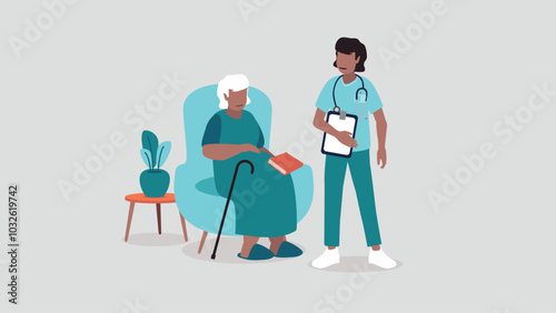 Vektor-Illustration einer älteren, pflegebedürftigen Person, die entspannt in einem Sessel sitzt, während das Pflegepersonal ihr zur Seite steht - soziales Konzept 