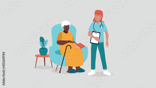 Vektor-Illustration einer älteren, pflegebedürftigen Person, die entspannt in einem Sessel sitzt, während das Pflegepersonal ihr zur Seite steht - soziales Konzept 