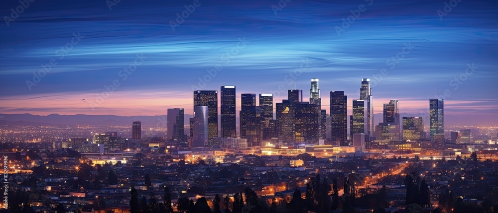 Obraz premium The breathtaking panorama of a city skyline from a high vantage point during twilight.