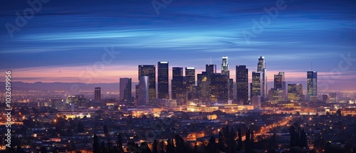 The breathtaking panorama of a city skyline from a high vantage point during twilight. 