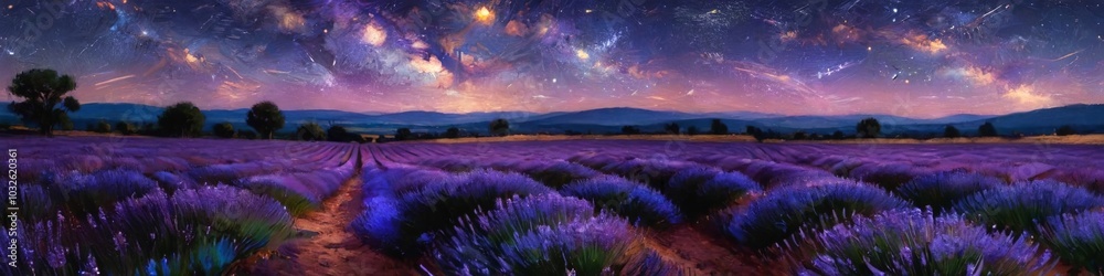 An expansive lavender field under a starry night sky, where the flowers sway gently in the breeze, creating a tranquil ambiance, Generative AI An expansive lavender field under a starry night sky, where the flowers sway gently in the breeze, creating a tranquil ambiance, Generative AI