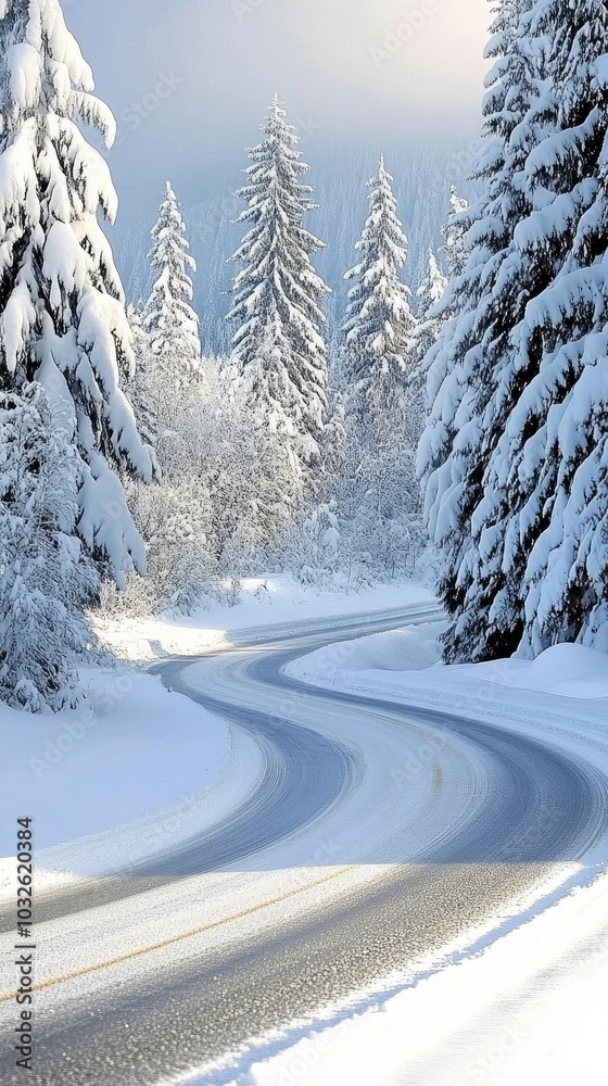 A winding winter road through a serene, fog-covered forest adorned with soft tones and a charming yellow line A winding winter road through a serene, fog-covered forest adorned with soft tones and a charming yellow line