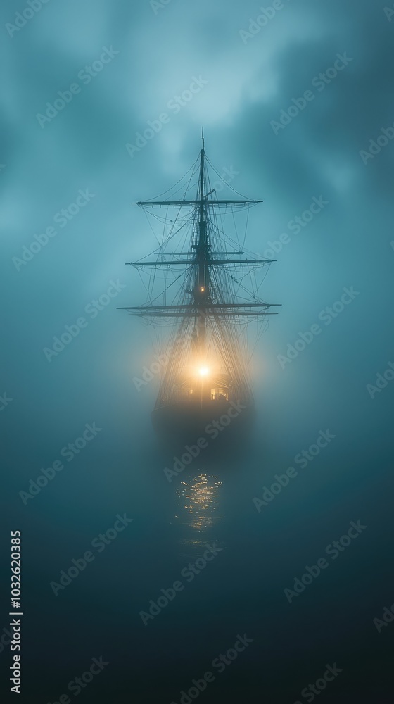 Ship Navigating Through Dramatic Foggy Waters Ship Navigating Through Dramatic Foggy Waters