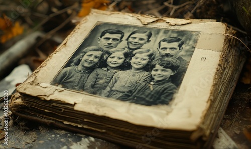 Old photo album with family portrait.