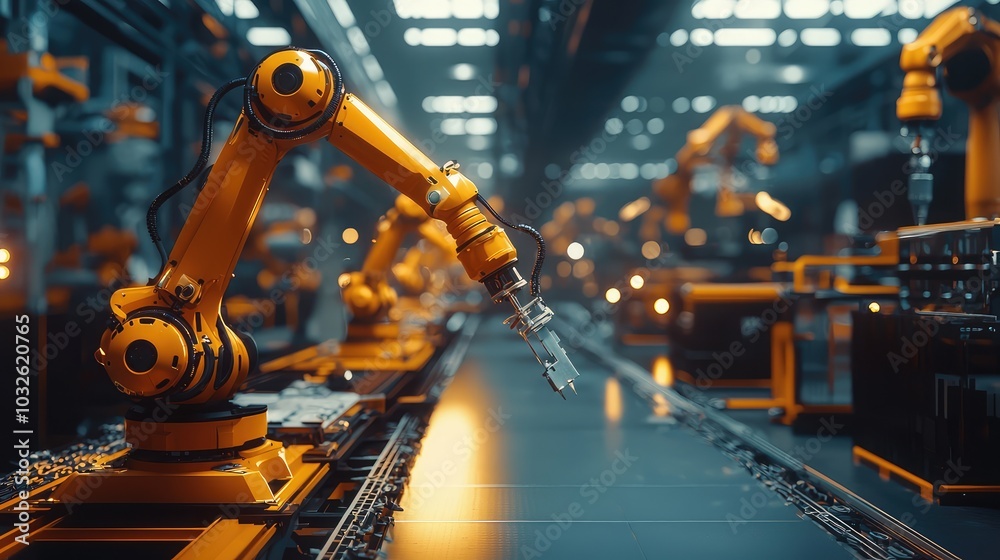 Modern Industrial Assembly Line with Robotic Arm Modern Industrial Assembly Line with Robotic Arm