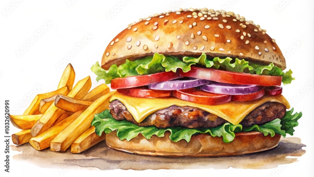 Watercolor Painting of Burger and Fries on White Background Watercolor Painting of Burger and Fries on White Background