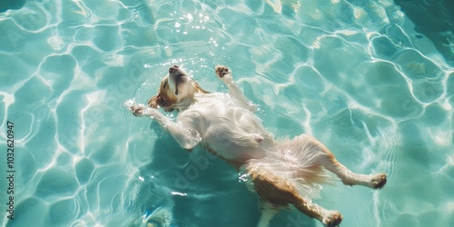 A happy dog floats on its back in a bright blue pool. The sun reflects off the water, creating a peaceful scene. This image captures relaxation and joy. Perfect for pet lovers. AI