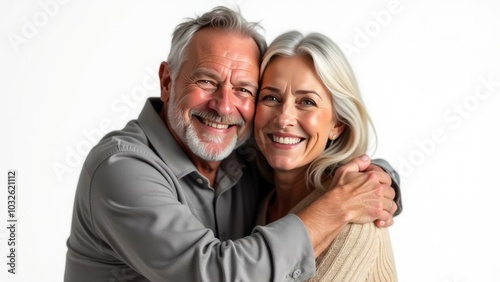 Happy smiling romantic middle aged couple, man and woman hugging while looking at camera on white background. Free space for text