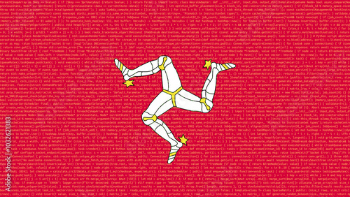 Binary code on flag of Isle of Man. Program source code or Hacker concept on Manx flag. Isle of Man digital technology security, hacking or programming