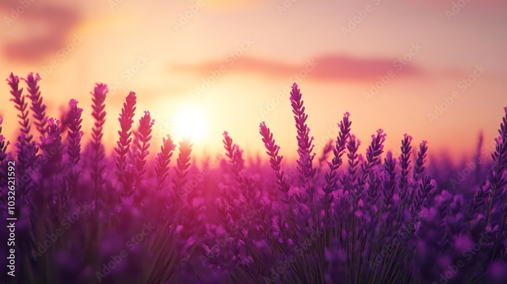 Obraz premium Lavender blooms shine brightly as the sun sets enveloping the field in warm light