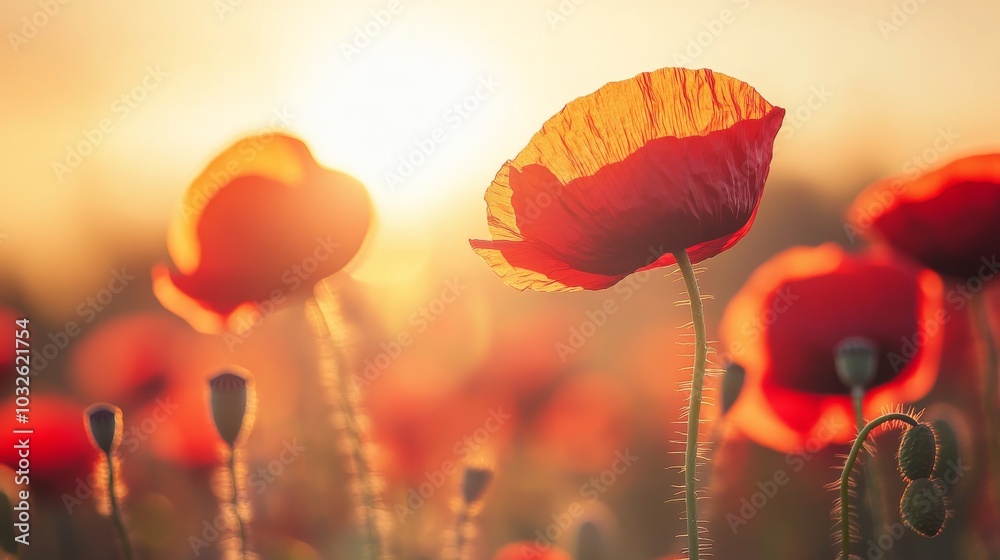 Obraz premium Golden sunlight bathes a lush field of red poppies creating a mesmerizing evening atmosphere
