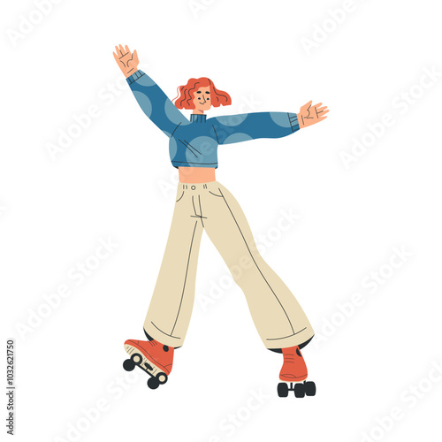 Woman Character Roller Skating Ride on Rollers Vector Illustration