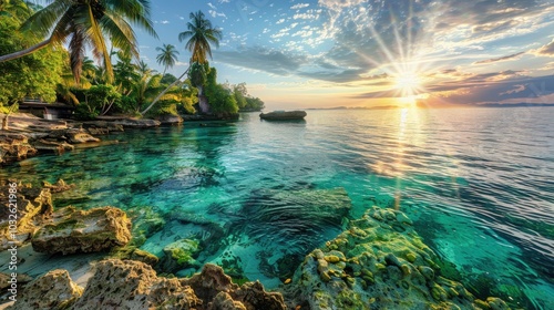 Relaxing at a secluded tropical cove during a vibrant sunset on a peaceful island getaway photo