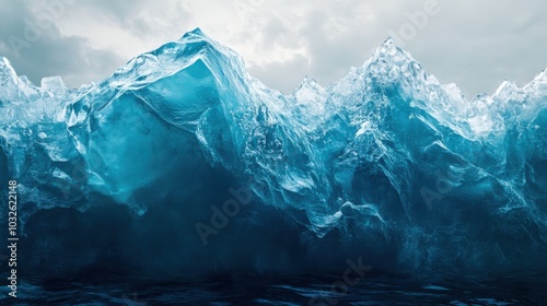 Crystal-clear iceberg with deep blue hues illuminated by overcast skies in Arctic waters during early morning light