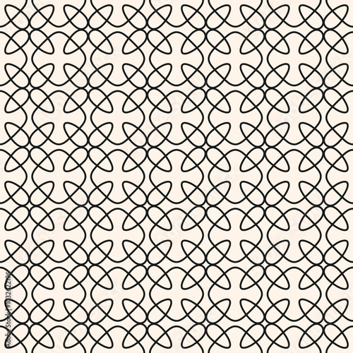 Simple minimal vector seamless pattern. Abstract linear ornament texture with grid, lattice, squares, flower silhouettes, leaves. Black and white geometric background. Repeating geo design for decor