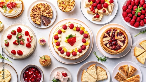 Delicious vegan cakes and tarts with fresh fruit for dessert