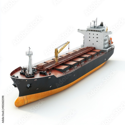 3D cargo ship sailing on digital ocean, created by 3D modeling. photo