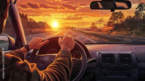 Man driving car, hand on steering wheel, looking at the road ahead,sunset. photo