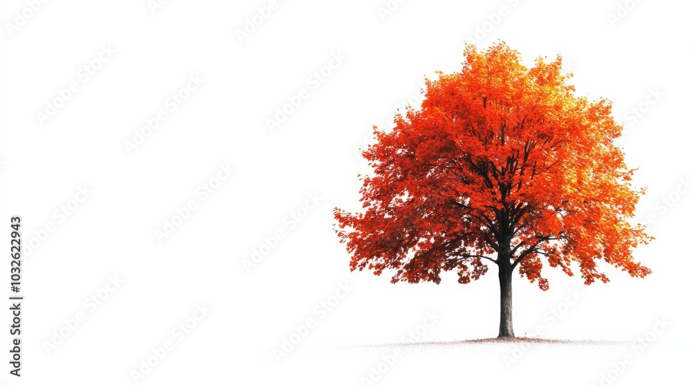 Fototapeta premium The brilliant hues of autumn envelop a solitary maple tree basking in peaceful stillness