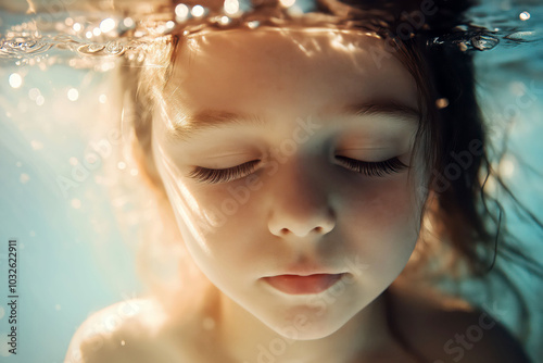 Peaceful child underwater portrait with closed eyes in sunlit pool