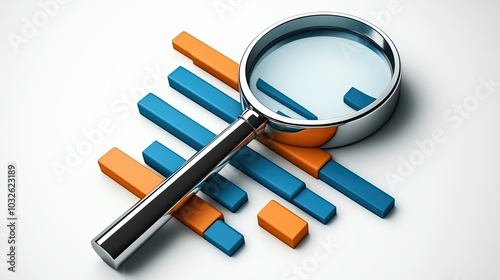 Magnifying glass over colorful bar chart on white background 